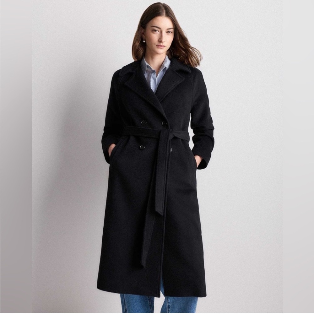 Quince Camel Hair Double-Breasted Long Wrap Coat‎ Black Size S